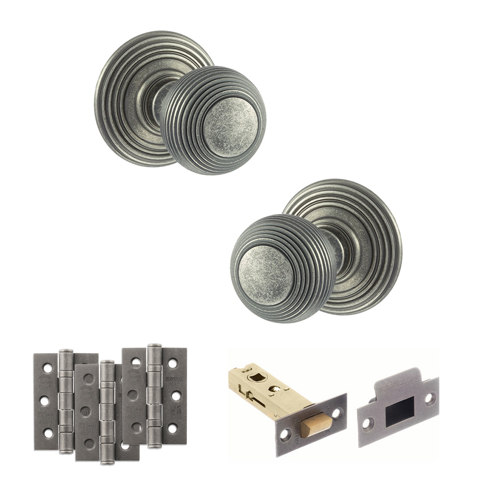 Old English Ripon Door Knob Pack (Latch Set - 4" HD Latch, 3" Fire Rated Hinges x3) - Distressed Silver