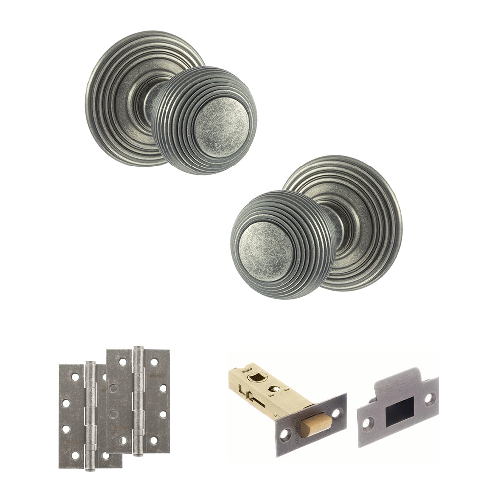 Old English Ripon Door Knob Pack (Latch Set - 3" HD Latch, 4" Slim Knuckle Hinges x2) - Distressed Silver