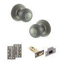 Old English Ripon Door Knob Pack (Latch Set - 3" HD Latch, 4" Slim Knuckle Hinges x2) - Distressed Silver