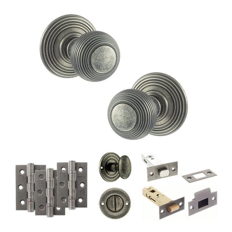 Old English Ripon Door Knob Pack (Bathroom Set - 3" Deadbolt, 3" Fire Rated Hinges x3) - Distressed Silver