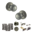 Old English Ripon Door Knob Pack (Bathroom Set - 4" Deadbolt, 4" Fire Rated Hinges x3) - Distressed Silver