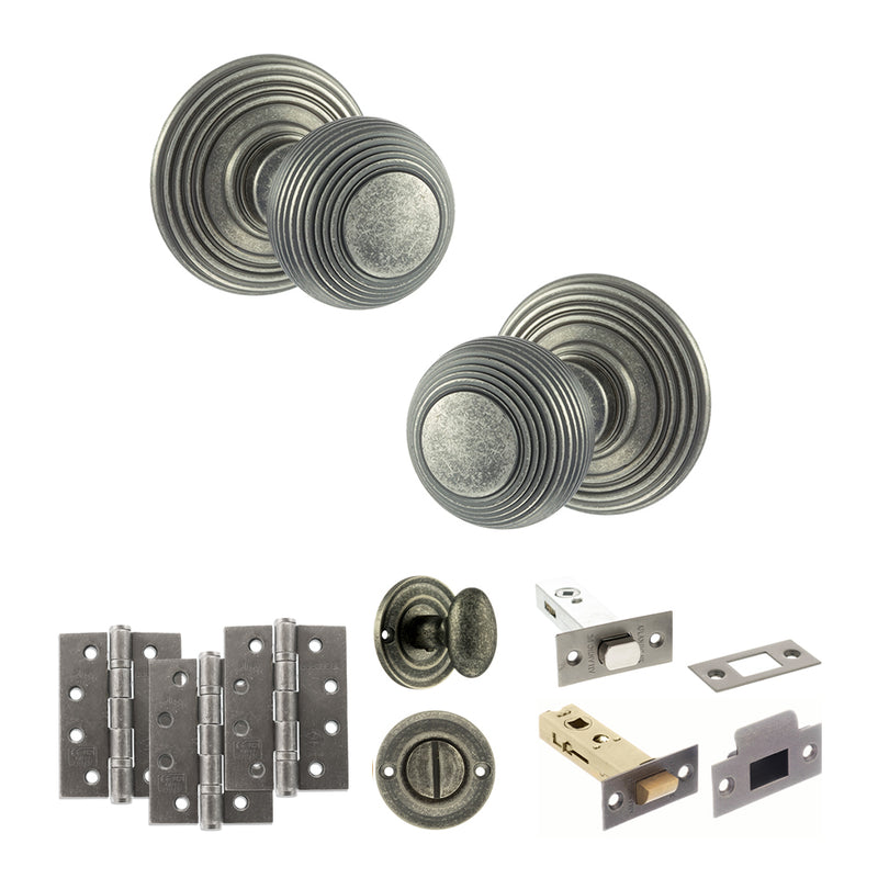 Old English Ripon Door Knob Pack (Bathroom Set - 4" Deadbolt, 4" Fire Rated Hinges x3) - Distressed Silver