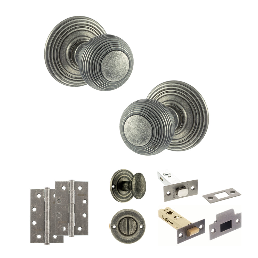 Old English Ripon Door Knob Pack (Bathroom Set - 3" Deadbolt, 4" Slim Knuckle Hinges x2) - Distressed Silver