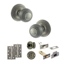 Old English Ripon Door Knob Pack (Bathroom Set - 3" Deadbolt, 4" Slim Knuckle Hinges x2) - Distressed Silver