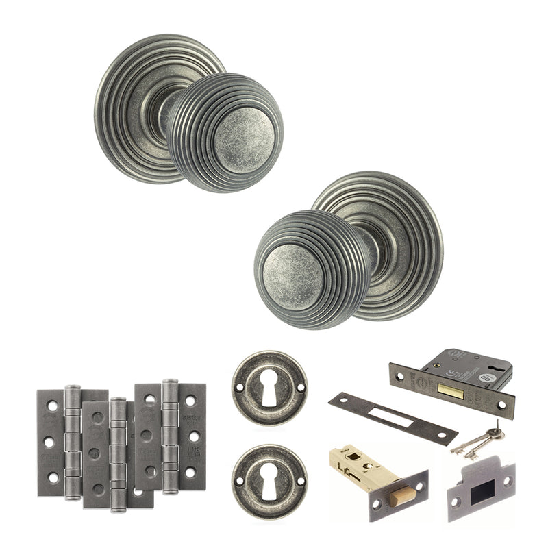 Old English Ripon Door Knob Pack (Lock Set - 3" Latch & Deadlock, 3" Fire Rated Hinges x3) - Distressed Silver