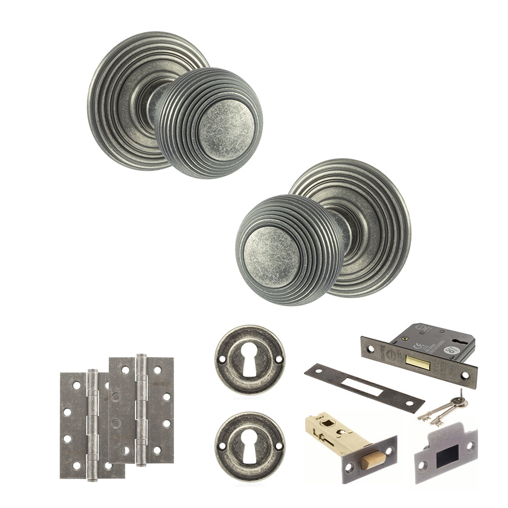 Old English Ripon Door Knob Pack (Lock Set - 3" Latch & Deadlock, 4" Slim Knuckle Hinges x2) - Distressed Silver