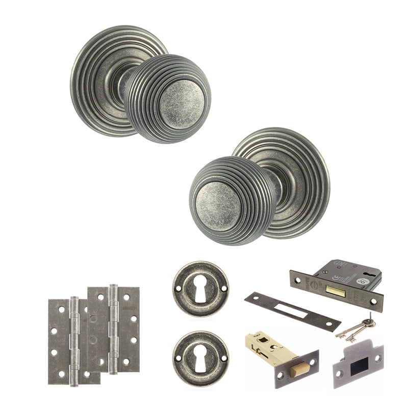 Old English Ripon Door Knob Pack (Lock Set - 3" Latch & Deadlock, 4" Slim Knuckle Hinges x2) - Distressed Silver