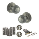 Old English Ripon Door Knob Pack (Lock Set - Horizontal Sashlock, 3" Fire Rated Hinges x3) - Distressed Silver