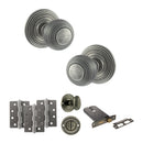Old English Ripon Door Knob Pack (Lock Set - Horizontal Bathlock, 3" Fire Rated Hinges x3) - Distressed Silver
