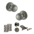 Old English Ripon Door Knob Pack (Lock Set - Horizontal Bathlock, 4" Slim Knuckle Hinges x2) - Distressed Silver