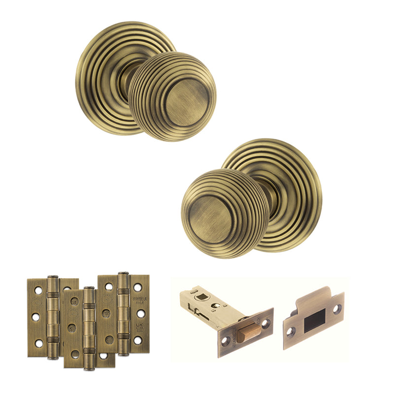 Old English Ripon Door Knob Pack (Latch Set - 4" HD Latch, 3" Fire Rated Hinges x3) - Matt Antique Brass