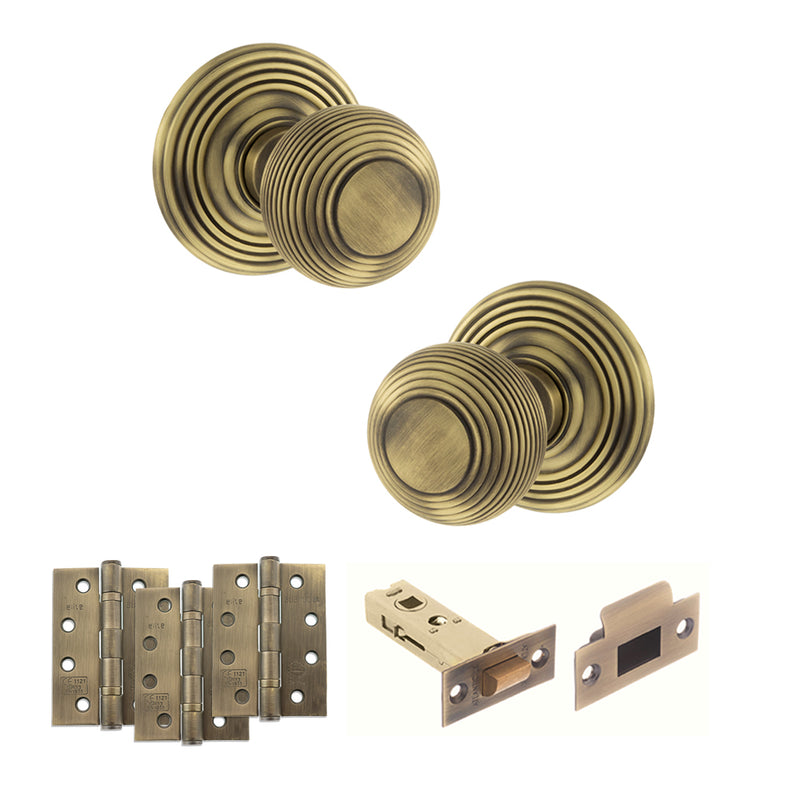 Old English Ripon Door Knob Pack (Latch Set - 4" HD Latch, 4" Fire Rated Hinges x3) - Matt Antique Brass