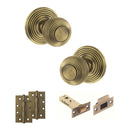 Old English Ripon Door Knob Pack (Latch Set - 4" HD Latch, 4" Slim Knuckle Hinges x2) - Matt Antique Brass
