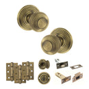 Old English Ripon Door Knob Pack (Bathroom Set - 4" Deadbolt, 3" Fire Rated Hinges x3) - Matt Antique Brass