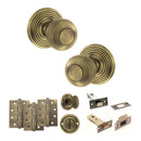 Old English Ripon Door Knob Pack (Bathroom Set - 4" Deadbolt, 4" Fire Rated Hinges x3) - Matt Antique Brass