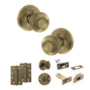 Old English Ripon Door Knob Pack (Bathroom Set - 3" Deadbolt, 4" Slim Knuckle Hinges x2) - Matt Antique Brass