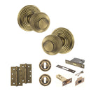 Old English Ripon Door Knob Pack (Lock Set - 3" Latch & Deadlock, 4" Slim Knuckle Hinges x2) - Matt Antique Brass