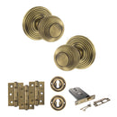 Old English Ripon Door Knob Pack (Lock Set - Horizontal Sashlock, 3" Fire Rated Hinges x3) - Matt Antique Brass