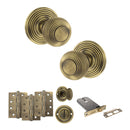 Old English Ripon Door Knob Pack (Lock Set - Horizontal Bathlock, 4" Fire Rated Hinges x3) - Matt Antique Brass