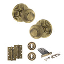 Old English Ripon Door Knob Pack (Lock Set - Horizontal Sashlock, 4" Slim Knuckle Hinges x2) - Matt Antique Brass