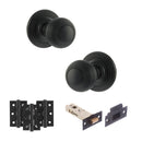 Old English Ripon Door Knob Pack (Latch Set - 4" HD Latch, 3" Fire Rated Hinges x3) - Matt Black