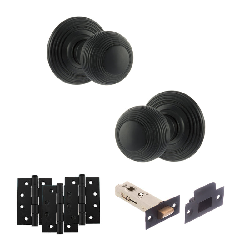 Old English Ripon Door Knob Pack (Latch Set - 4" HD Latch, 4" Fire Rated Hinges x3) - Matt Black
