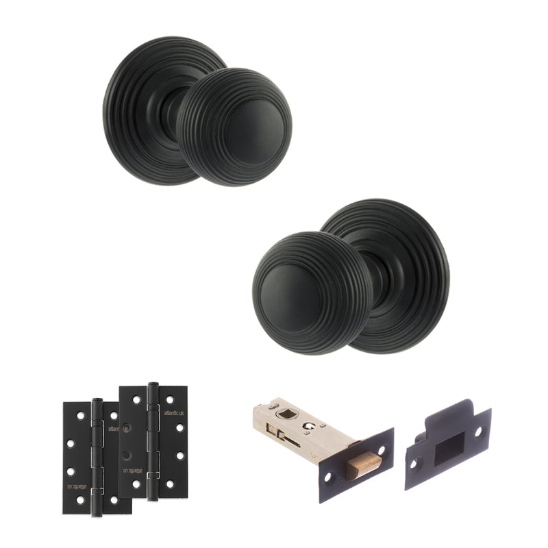 Old English Ripon Door Knob Pack (Latch Set - 3" HD Latch, 4" Slim Knuckle Hinges x2) - Matt Black