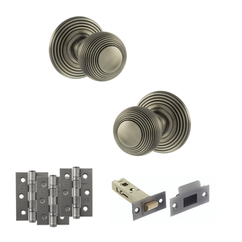Old English Ripon Door Knob Pack (Latch Set - 4" HD Latch, 3" Fire Rated Hinges x3) - Matt Gun Metal