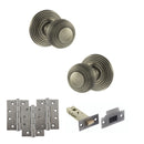 Old English Ripon Door Knob Pack (Latch Set - 4" HD Latch, 4" Fire Rated Hinges x3) - Matt Gun Metal