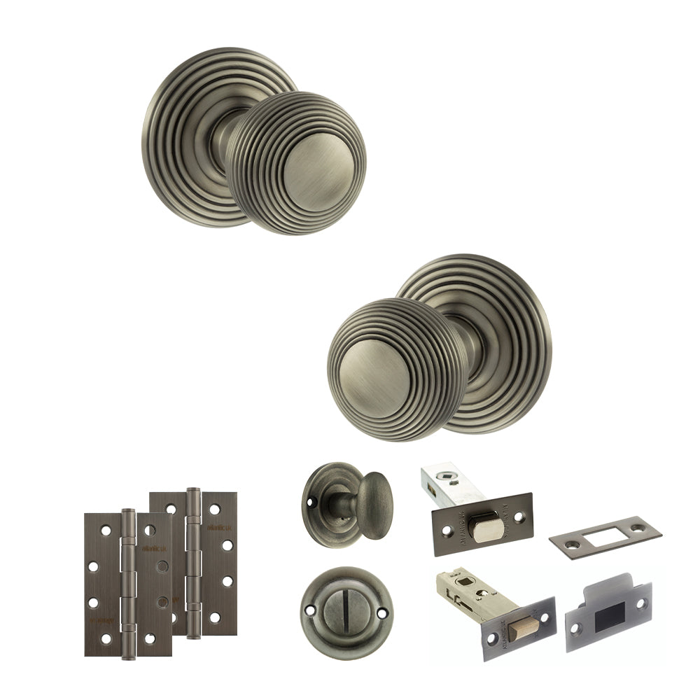 Old English Ripon Door Knob Pack (Bathroom Set - 4" Deadbolt, 4" Slim Knuckle Hinges x2) - Matt Gun Metal