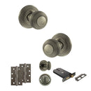 Old English Ripon Door Knob Pack (Lock Set - Horizontal Bathlock, 4" Slim Knuckle Hinges x2) - Matt Gun Metal