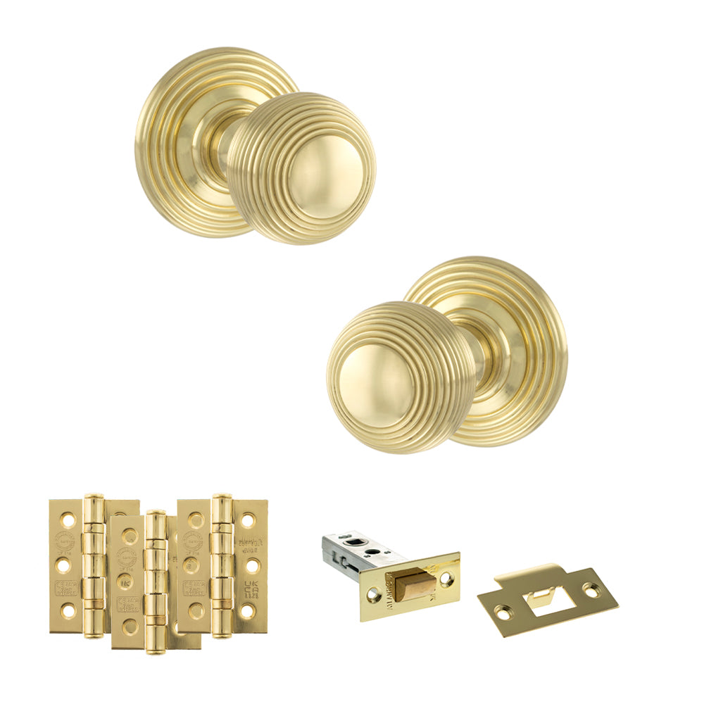 Old English Ripon Door Knob Pack (Latch Set - 3" HD Latch, 3" Fire Rated Hinges x3) - Polished Brass