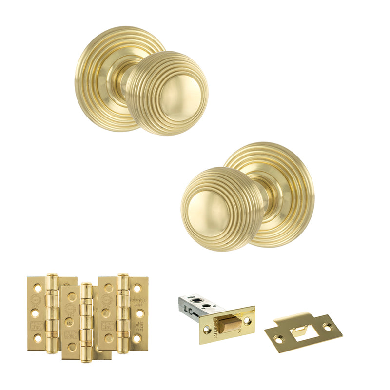 Old English Ripon Door Knob Pack (Latch Set - 3" HD Latch, 3" Fire Rated Hinges x3) - Polished Brass
