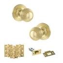 Old English Ripon Door Knob Pack (Latch Set - 4" HD Latch, 3" Fire Rated Hinges x3) - Polished Brass