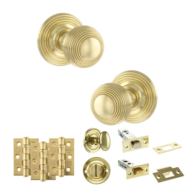 Old English Ripon Door Knob Pack (Bathroom Set - 4" Deadbolt, 3" Fire Rated Hinges x3) - Polished Brass