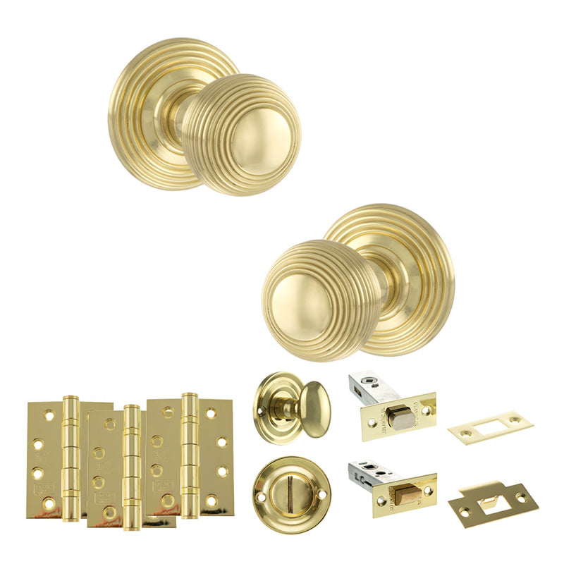 Old English Ripon Door Knob Pack (Bathroom Set - 4" Deadbolt, 4" Fire Rated Hinges x3) - Polished Brass