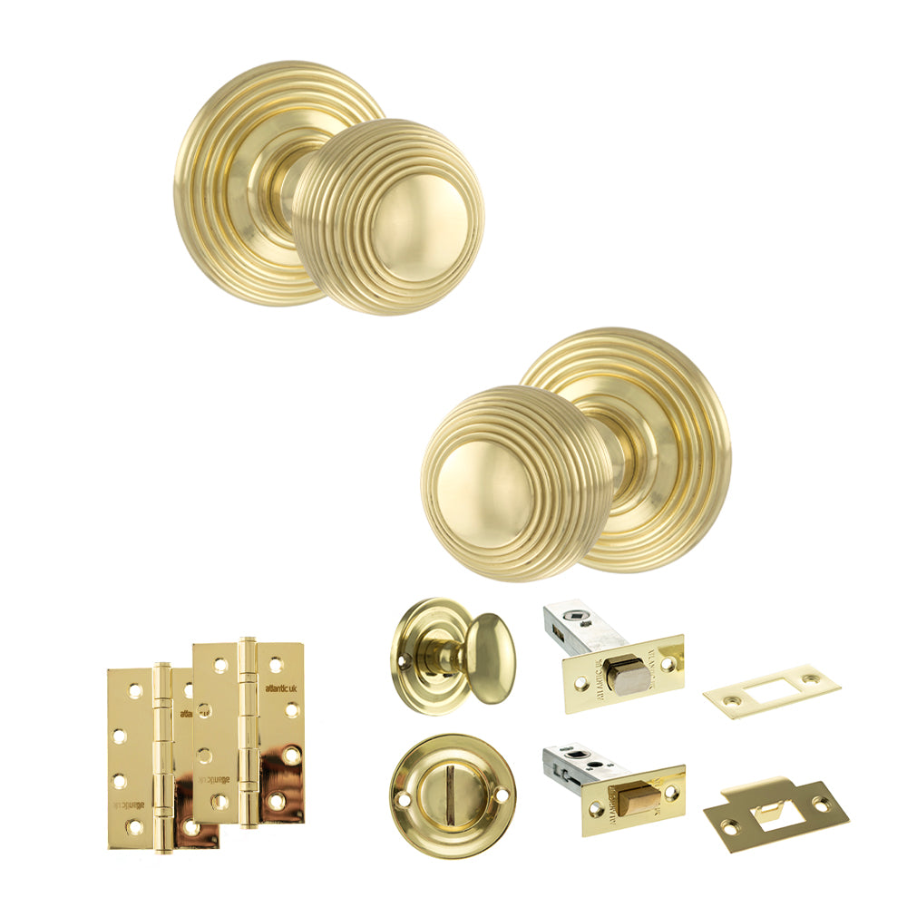 Old English Ripon Door Knob Pack (Bathroom Set - 3" Deadbolt, 4" Slim Knuckle Hinges x2) - Polished Brass