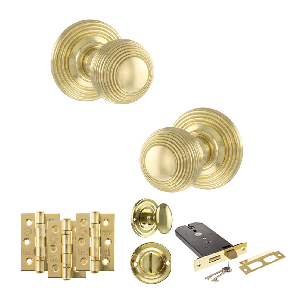 Old English Ripon Door Knob Pack (Lock Set - Horizontal Bathlock, 3" Fire Rated Hinges x3) - Polished Brass