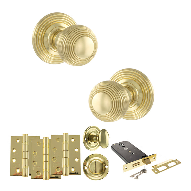 Old English Ripon Door Knob Pack (Lock Set - Horizontal Bathlock, 4" Fire Rated Hinges x3) - Polished Brass