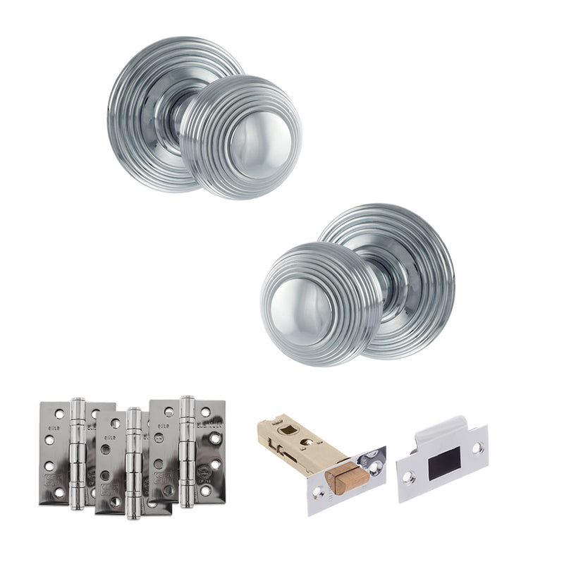 Old English Ripon Door Knob Pack (Latch Set - 4" HD Latch, 4" Fire Rated Hinges x3) - Polished Chrome