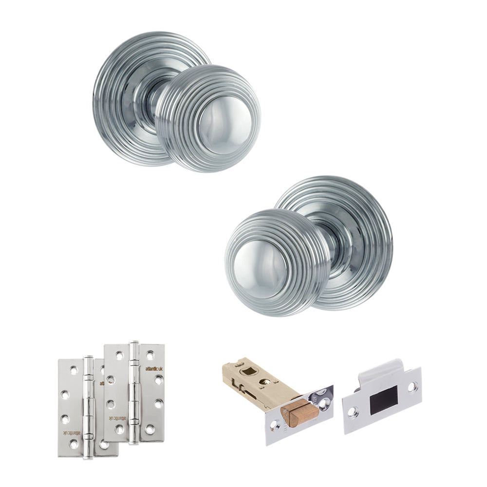 Old English Ripon Door Knob Pack (Latch Set - 3" HD Latch, 4" Slim Knuckle Hinges x2) - Polished Chrome
