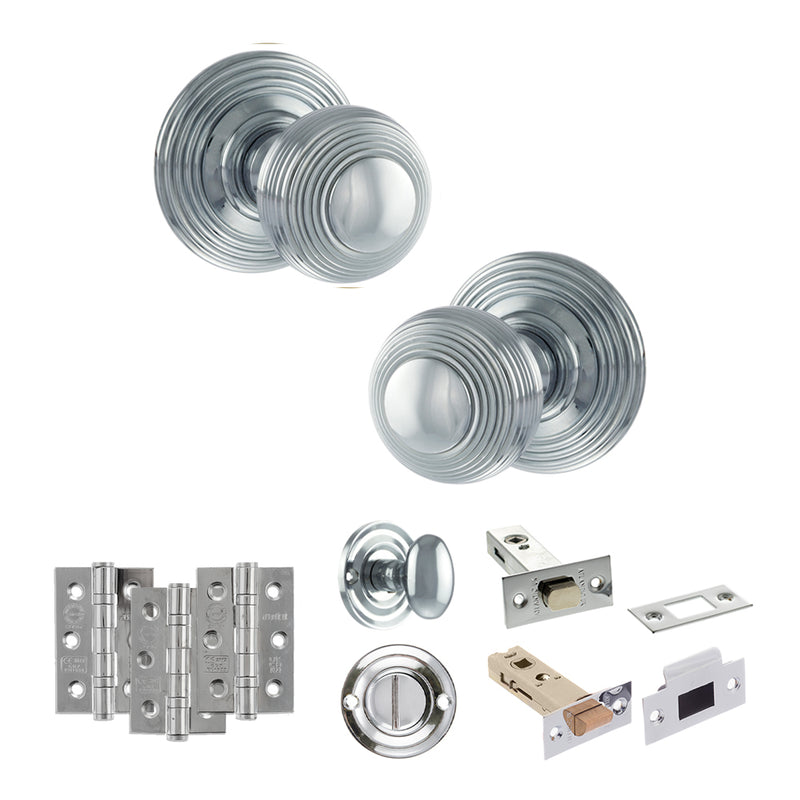 Old English Ripon Door Knob Pack (Bathroom Set - 4" Deadbolt, 3" Fire Rated Hinges x3) - Polished Chrome