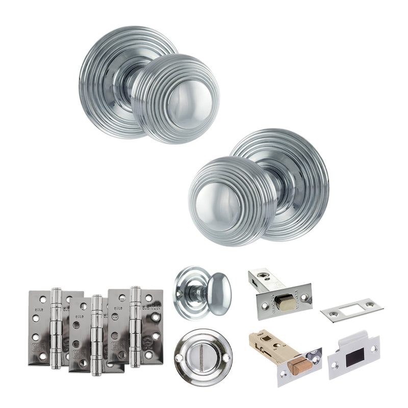 Old English Ripon Door Knob Pack (Bathroom Set - 3" Deadbolt, 4" Fire Rated Hinges x3) - Polished Chrome