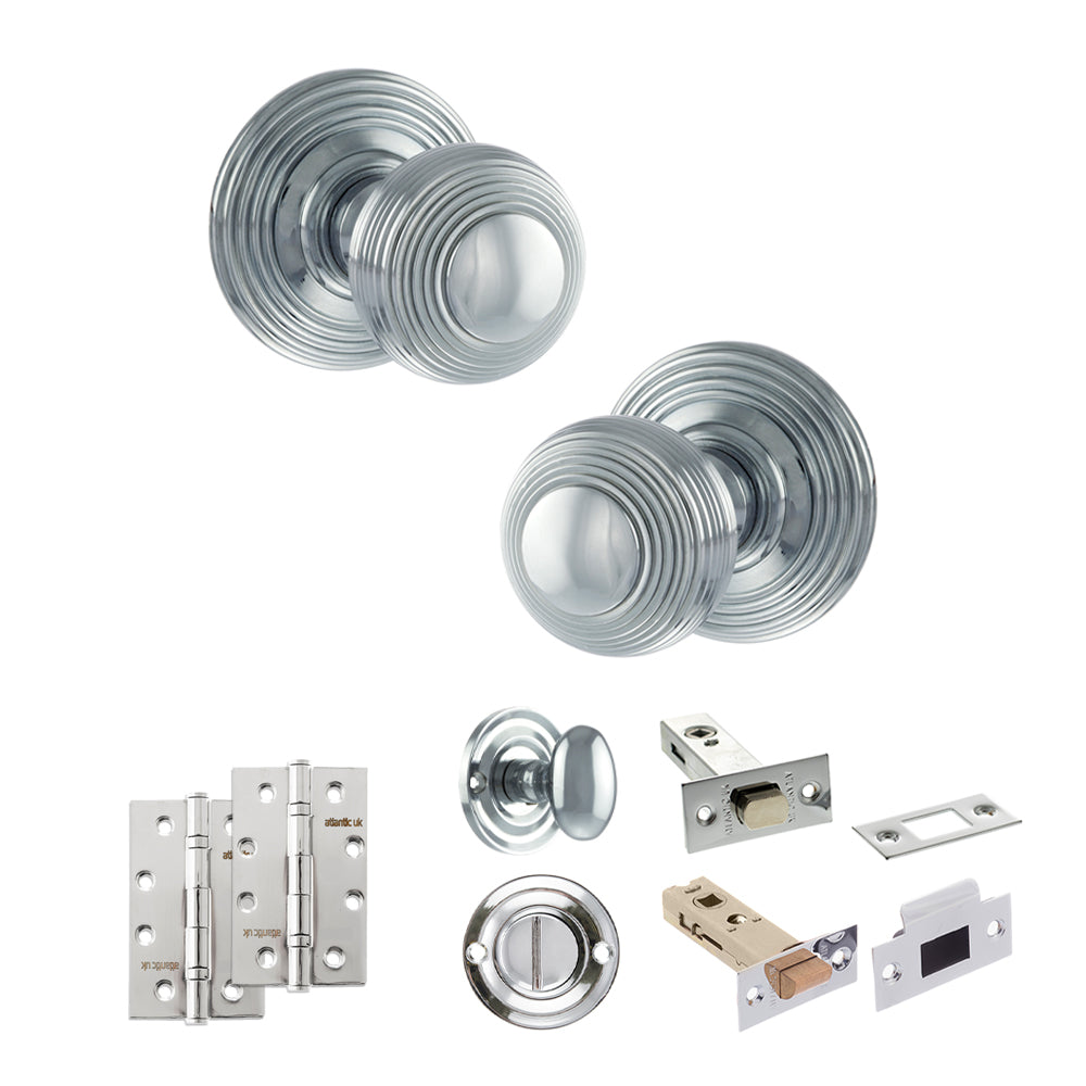 Old English Ripon Door Knob Pack (Bathroom Set - 3" Deadbolt, 4" Slim Knuckle Hinges x2) - Polished Chrome