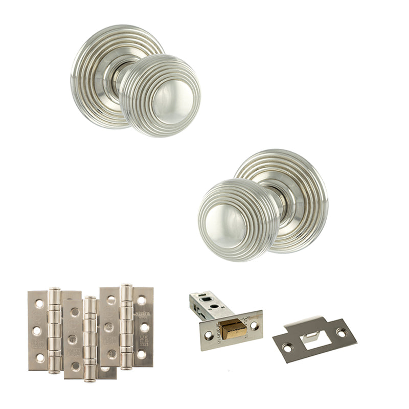 Old English Ripon Door Knob Pack (Latch Set - 3" HD Latch, 3" Fire Rated Hinges x3) - Polished Nickel