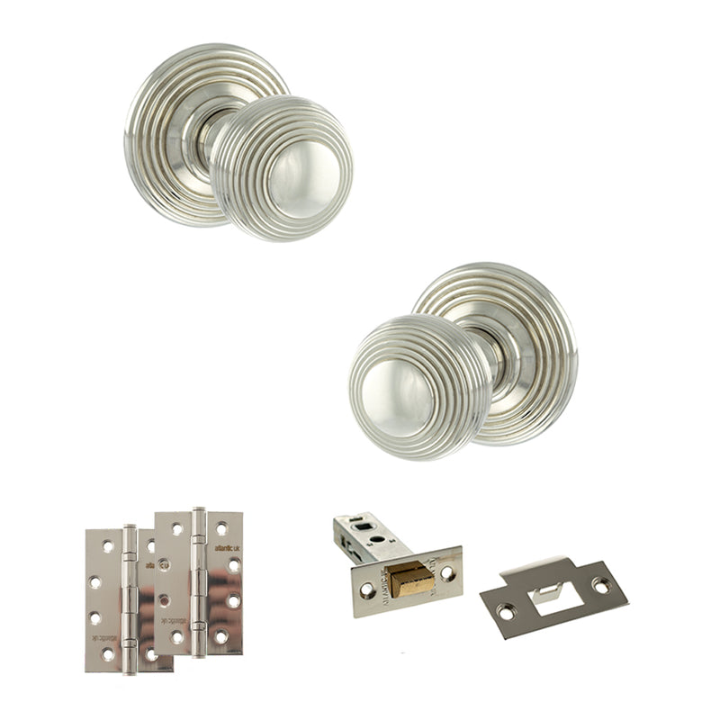 Old English Ripon Door Knob Pack (Latch Set - 4" HD Latch, 4" Slim Knuckle Hinges x2) - Polished Nickel