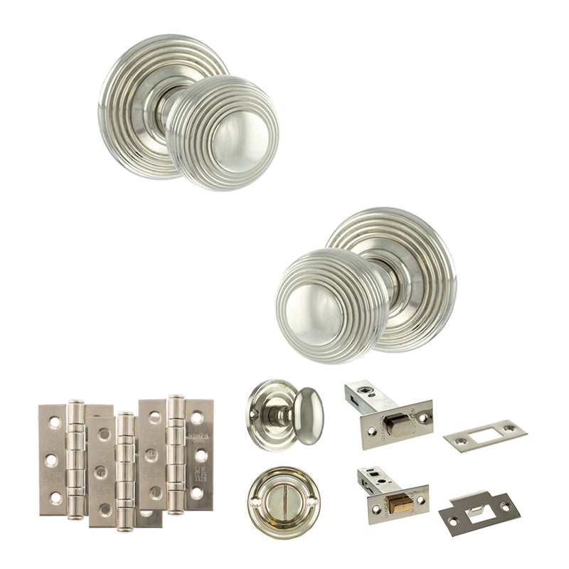 Old English Ripon Door Knob Pack (Bathroom Set - 3" Deadbolt, 3" Fire Rated Hinges x3) - Polished Nickel