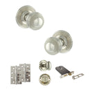 Old English Ripon Door Knob Pack (Lock Set - Horizontal Bathlock, 4" Slim Knuckle Hinges x2) - Polished Nickel