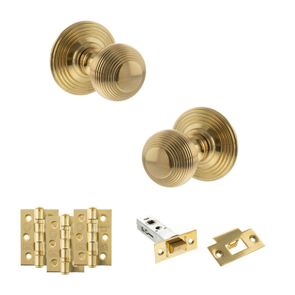Old English Ripon Door Knob Pack (Latch Set - 3" HD Latch, 3" Fire Rated Hinges x3) - Raw Brass