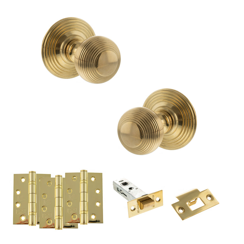 Old English Ripon Door Knob Pack (Latch Set - 3" HD Latch, 4" Fire Rated Hinges x3) - Raw Brass